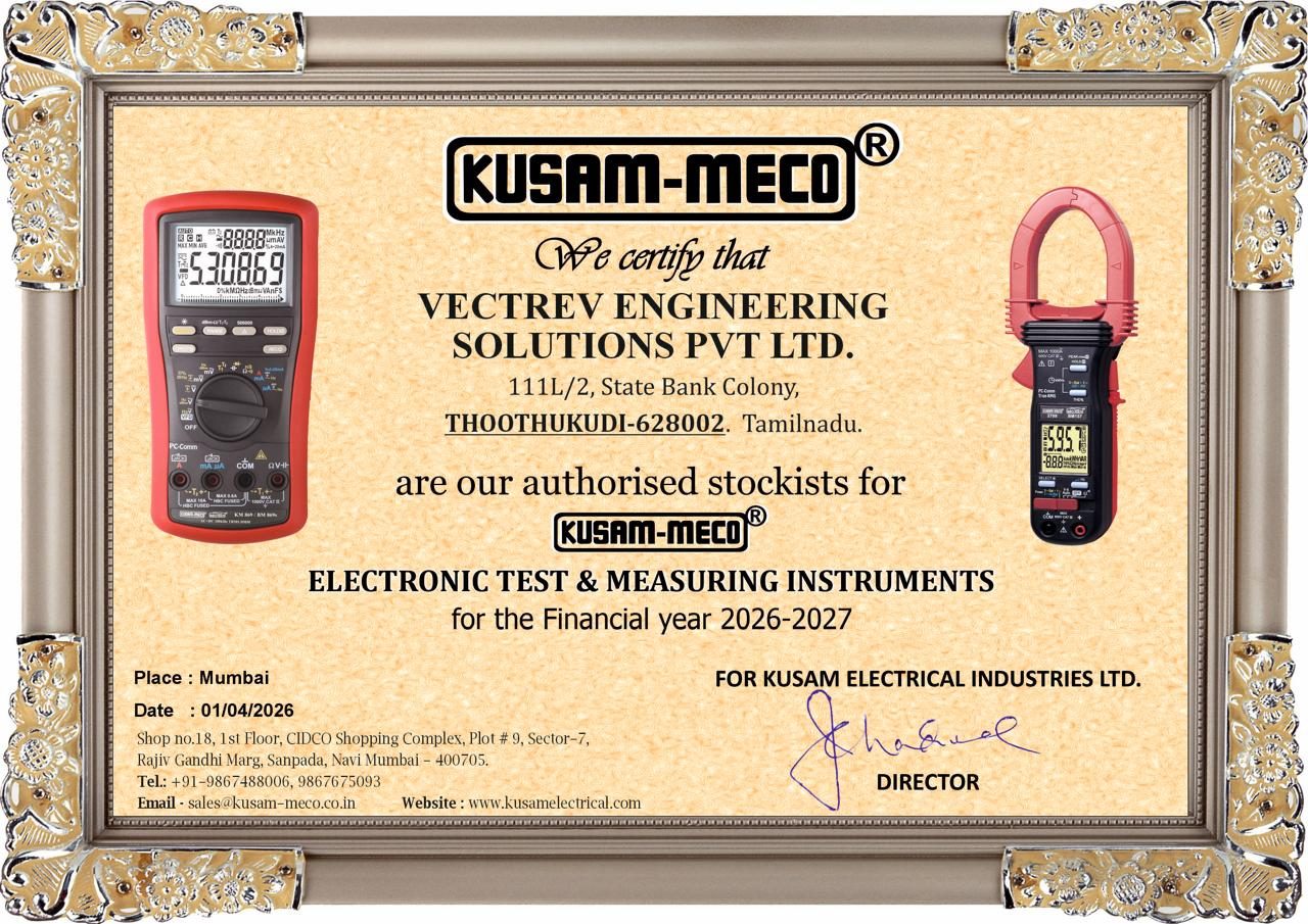 Certificate of authorisation — authorised stockists for KUSAM-MECO electronic test & measuring instruments, financial year 2026-2027.